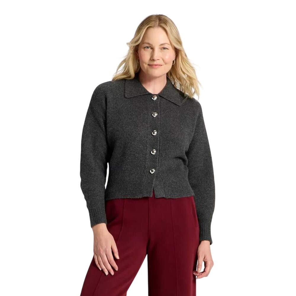 A New Day Women's Charcoal Gray Heart Button Collared Cardigan Sweater Size L